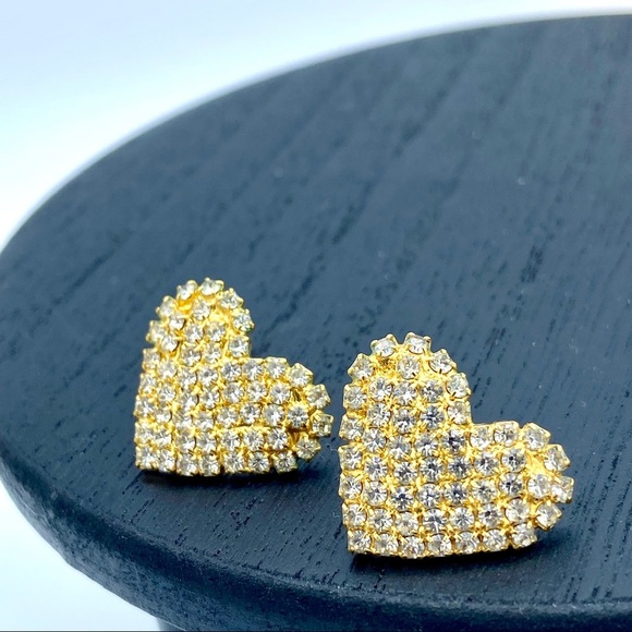 Vintage Pave Heart Button Earrings Gold Tone Post Back Pierced - Picture 2 of 6
